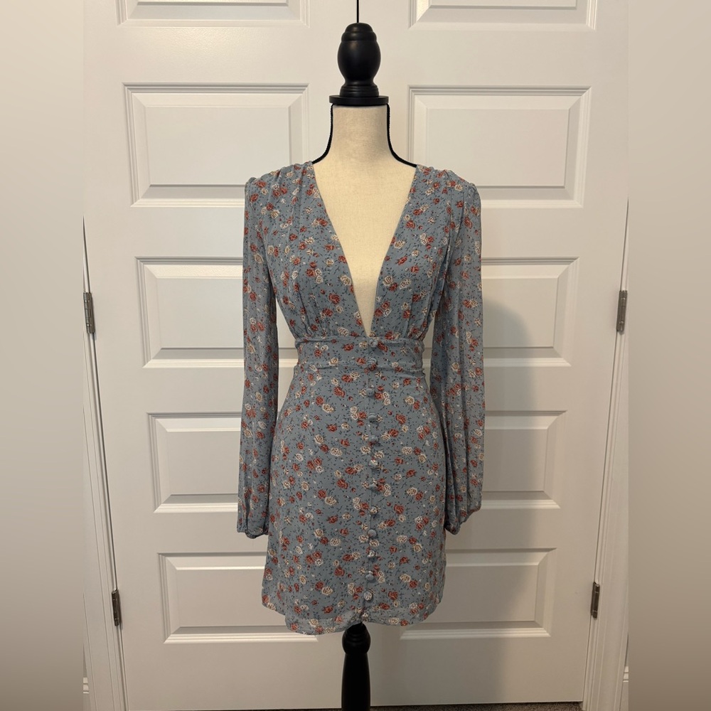 Nasty Gal Light Blue Floral Long Sleeve Mini Dress